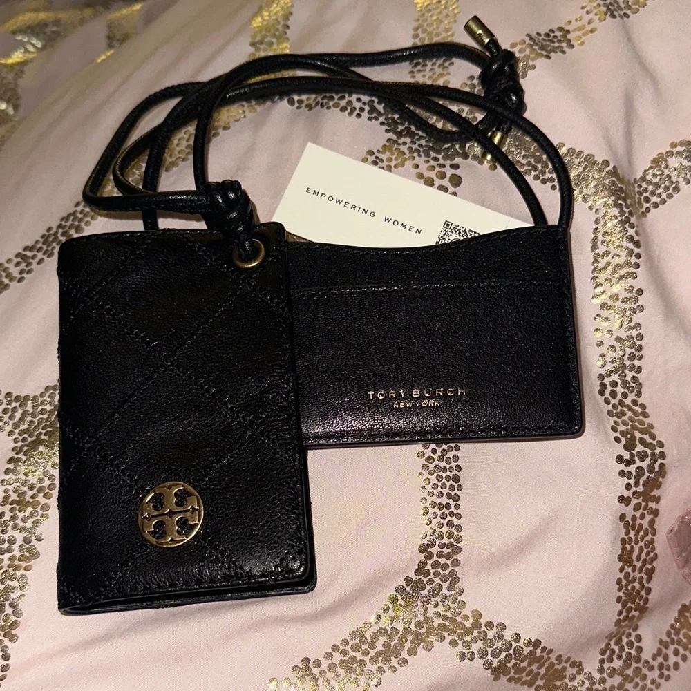 Tory Burch Black Quilted Card Holder Lanyard